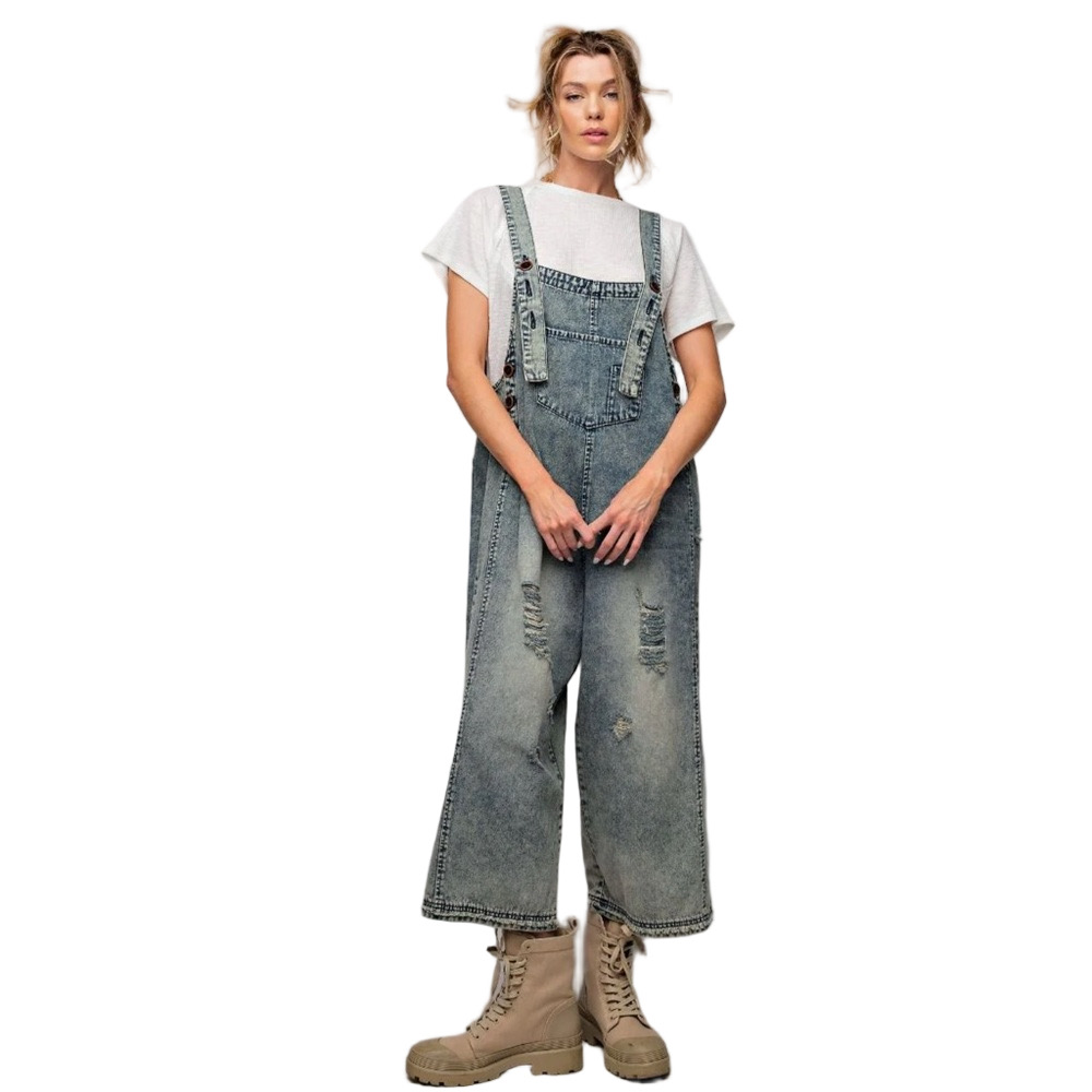 Easel Distressed Blue Denim Overalls
